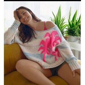 By Anthropologie Palm Tree Neon Speckle Sweater XS Coastal Boho Beach Knit Relax